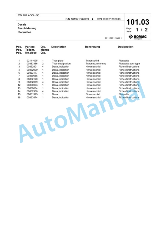 Bomag BW 202 ADO-50 Tandem Vibratory Roller Spare Parts Catalogue 00824419-3