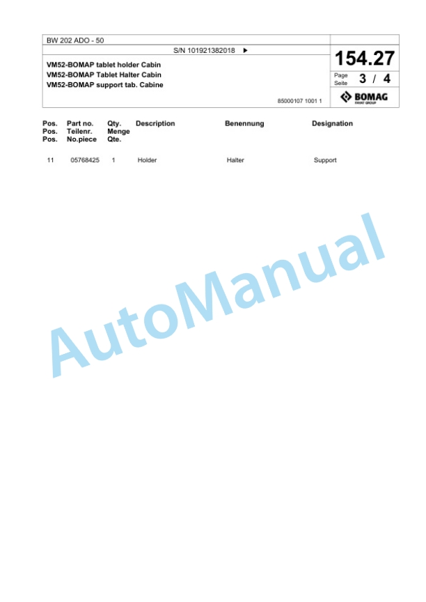 Bomag BW 202 ADO-50 Tandem Vibratory Roller Spare Parts Catalogue 00824419-5
