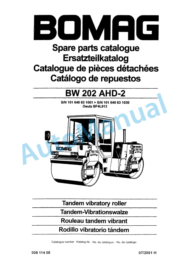 Bomag BW 202 AHD-2 Tandem Vibratory Roller Spare Parts Catalogue 00811408