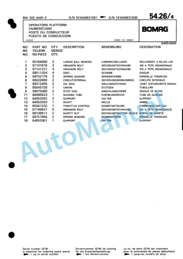 Bomag BW 202 AHD-2 Tandem Vibratory Roller Spare Parts Catalogue 00811408-2