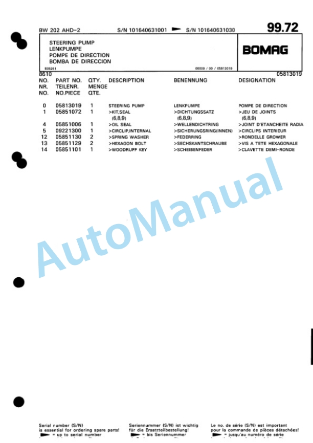 Bomag BW 202 AHD-2 Tandem Vibratory Roller Spare Parts Catalogue 00811408-4