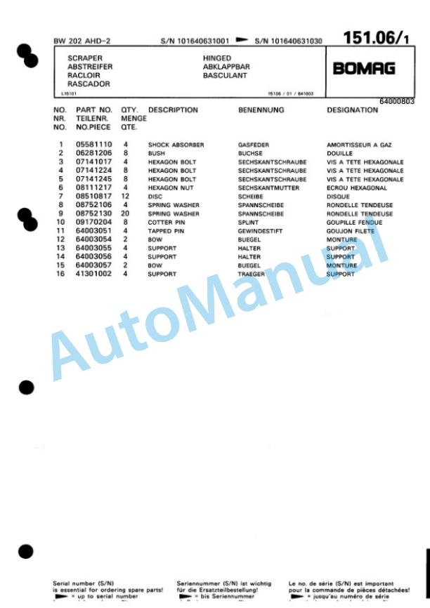 Bomag BW 202 AHD-2 Tandem Vibratory Roller Spare Parts Catalogue 00811408-5