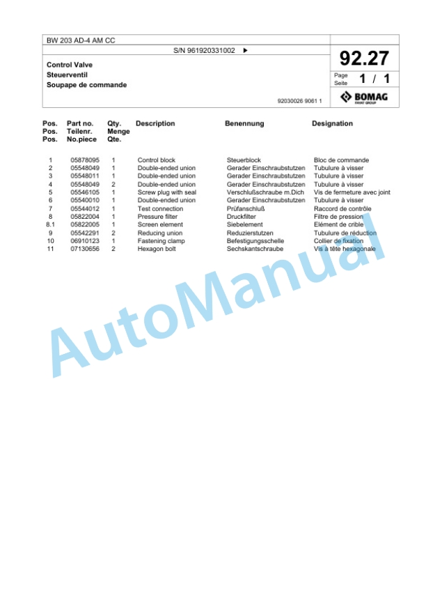 Bomag BW 203 AD-4 AM CC Tandem Vibratory Roller Spare Parts Catalogue 00825089-3