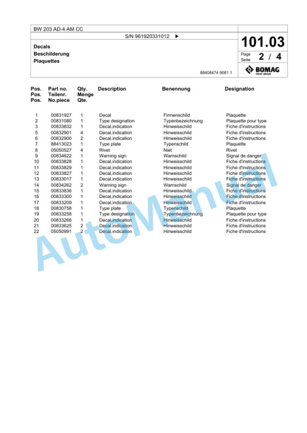 Bomag BW 203 AD-4 AM CC Tandem Vibratory Roller Spare Parts Catalogue 00825089-4