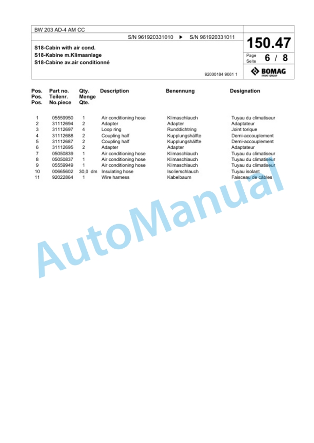 Bomag BW 203 AD-4 AM CC Tandem Vibratory Roller Spare Parts Catalogue 00825089-5