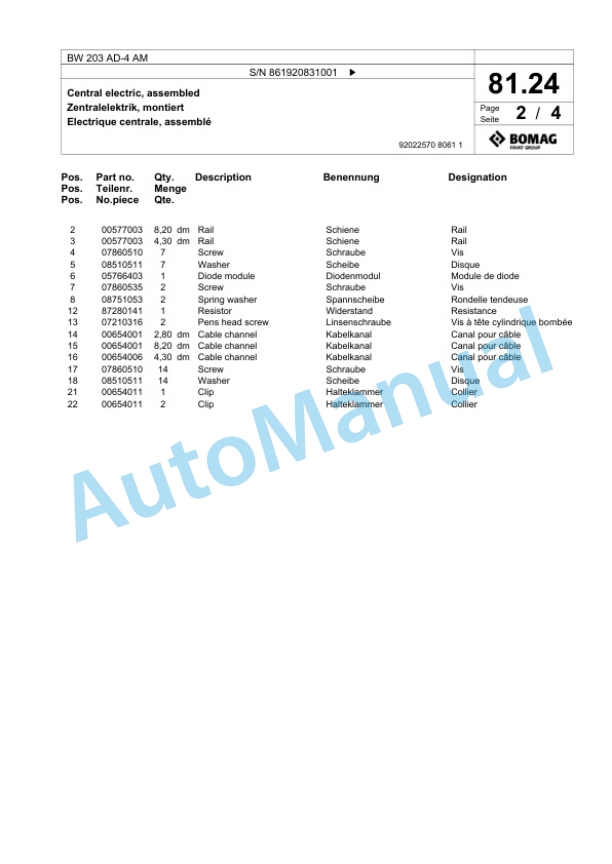 Bomag BW 203 AD-4 AM Tandem Vibratory Roller Spare Parts Catalogue 00825067-3