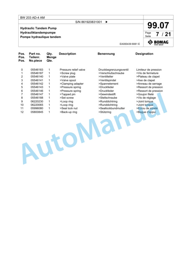 Bomag BW 203 AD-4 AM Tandem Vibratory Roller Spare Parts Catalogue 00825067-5