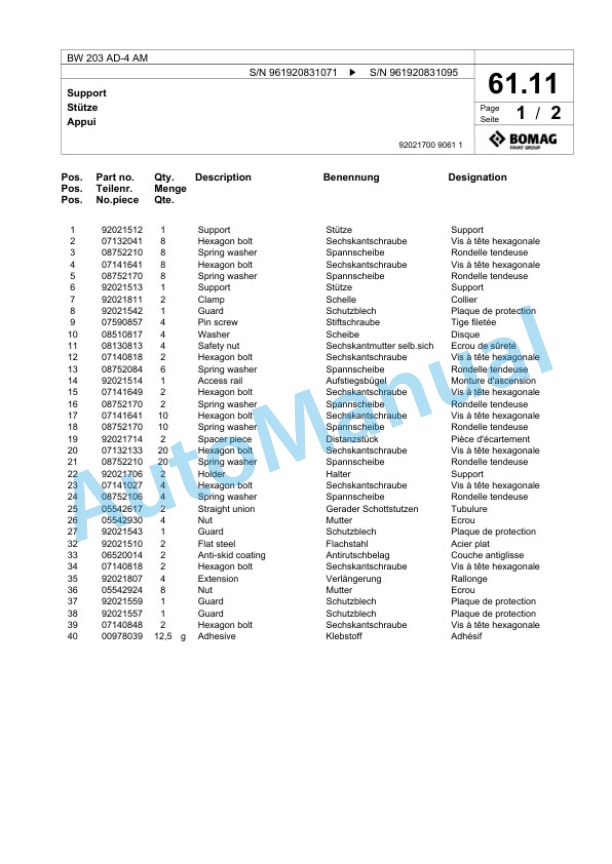 Bomag BW 203 AD-4 AM Tandem Vibratory Roller Spare Parts Catalogue 00826237-2