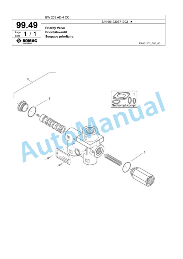 Bomag BW 203 AD-4 CC Tandem Vibratory Roller Spare Parts Catalogue 00826235-3