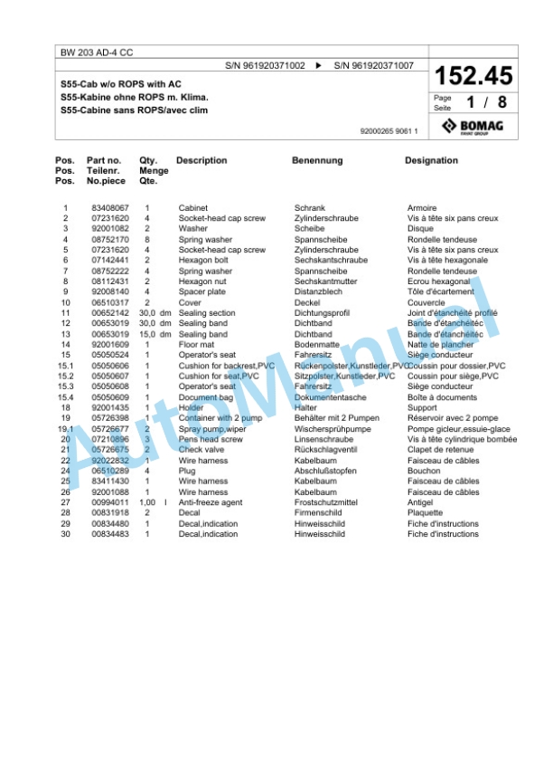 Bomag BW 203 AD-4 CC Tandem Vibratory Roller Spare Parts Catalogue 00826235-5