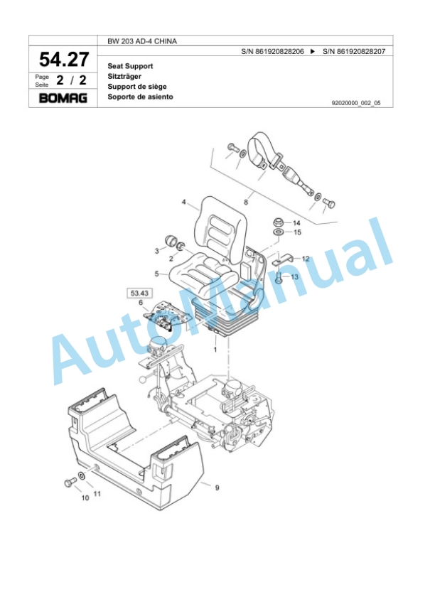 Bomag BW 203 AD-4 CHINA Tandem Vibratory Roller Spare Parts Catalogue 00818369-2