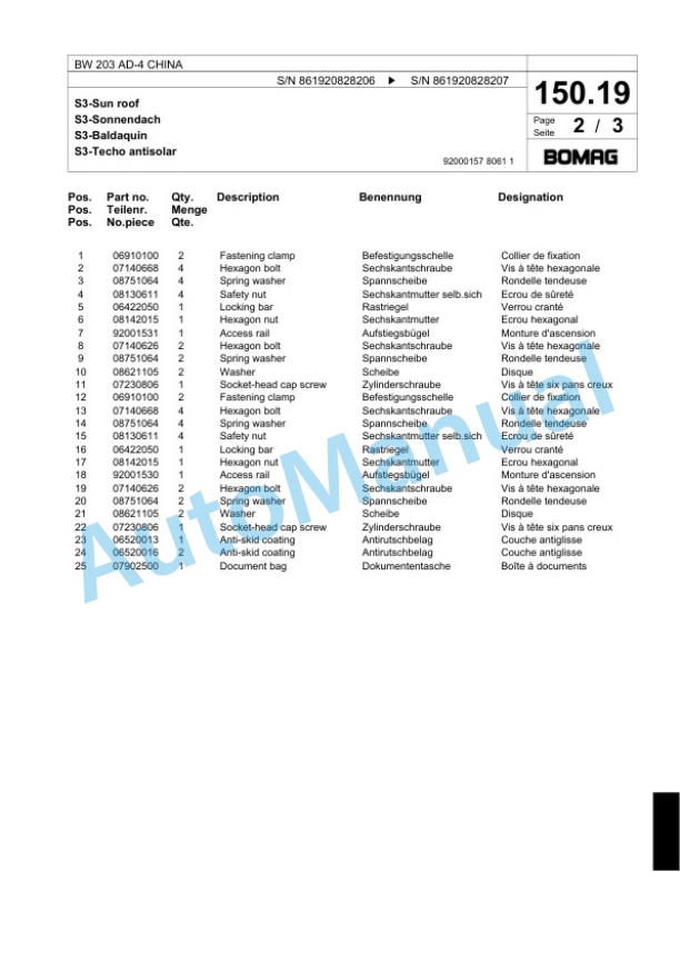 Bomag BW 203 AD-4 CHINA Tandem Vibratory Roller Spare Parts Catalogue 00818369-5