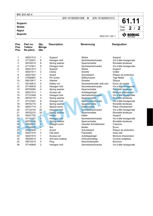 Bomag BW 203 AD-4 Tandem Vibratory Roller Spare Parts Catalogue 00817753-2