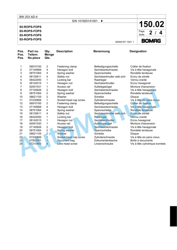 Bomag BW 203 AD-4 Tandem Vibratory Roller Spare Parts Catalogue 00818599-4