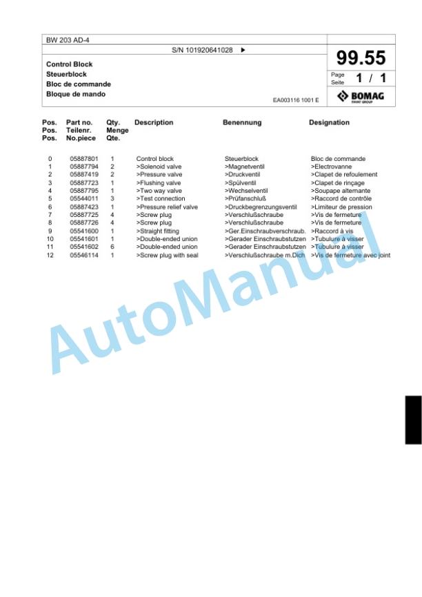 Bomag BW 203 AD-4 Tandem Vibratory Roller Spare Parts Catalogue 00818963-4