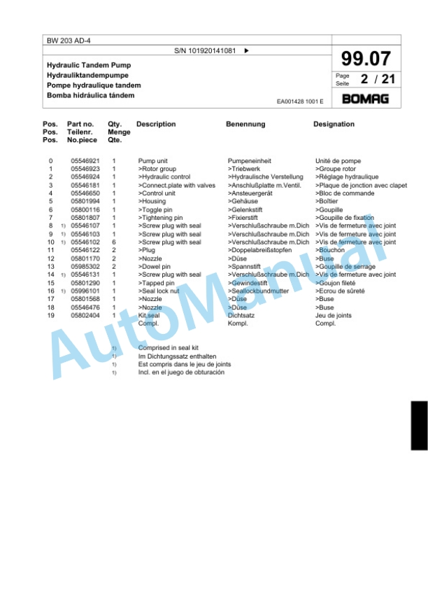 Bomag BW 203 AD-4 Tandem Vibratory Roller Spare Parts Catalogue 00824007-3
