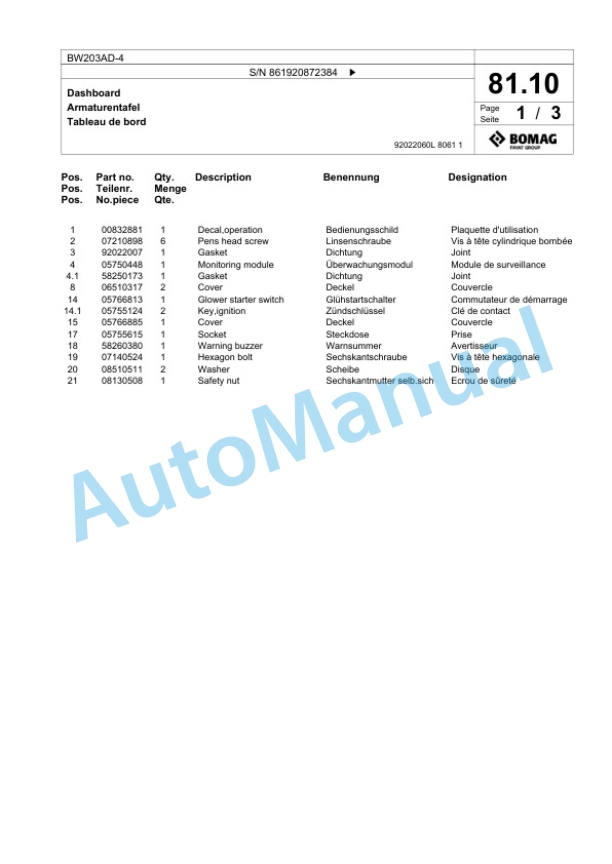 Bomag BW 203 AD-4 Tandem Vibratory Roller Spare Parts Catalogue 00824739-2