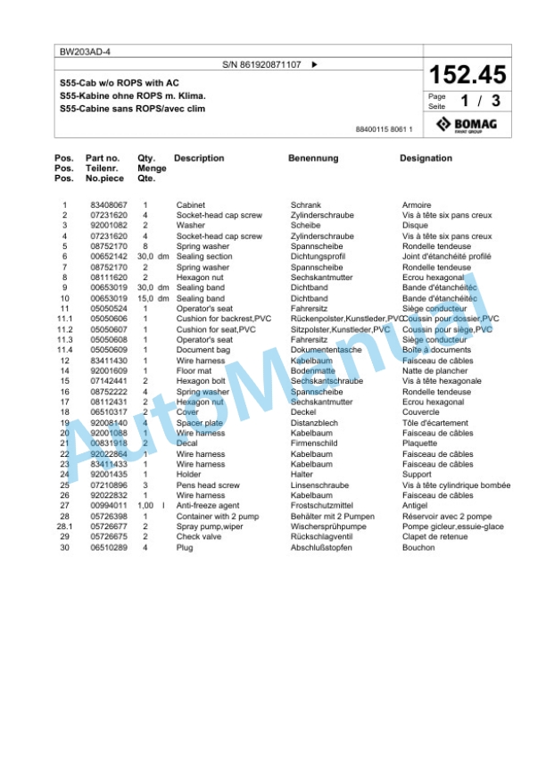 Bomag BW 203 AD-4 Tandem Vibratory Roller Spare Parts Catalogue 00824739-5