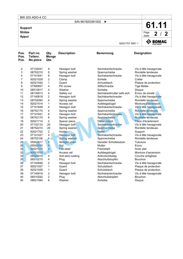 Bomag BW 203 ADO-4 CC Tandem Vibratory Roller Spare Parts Catalogue 00825205-2