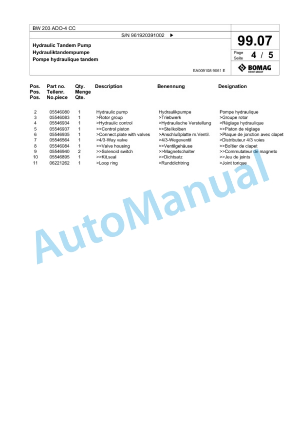 Bomag BW 203 ADO-4 CC Tandem Vibratory Roller Spare Parts Catalogue 00825205-3