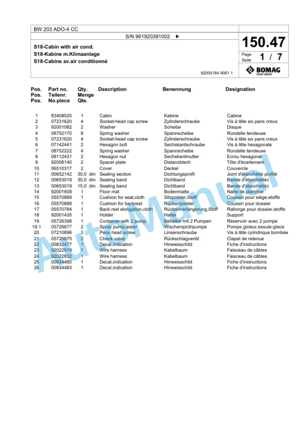 Bomag BW 203 ADO-4 CC Tandem Vibratory Roller Spare Parts Catalogue 00825205-4