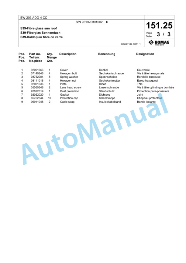 Bomag BW 203 ADO-4 CC Tandem Vibratory Roller Spare Parts Catalogue 00825205-5