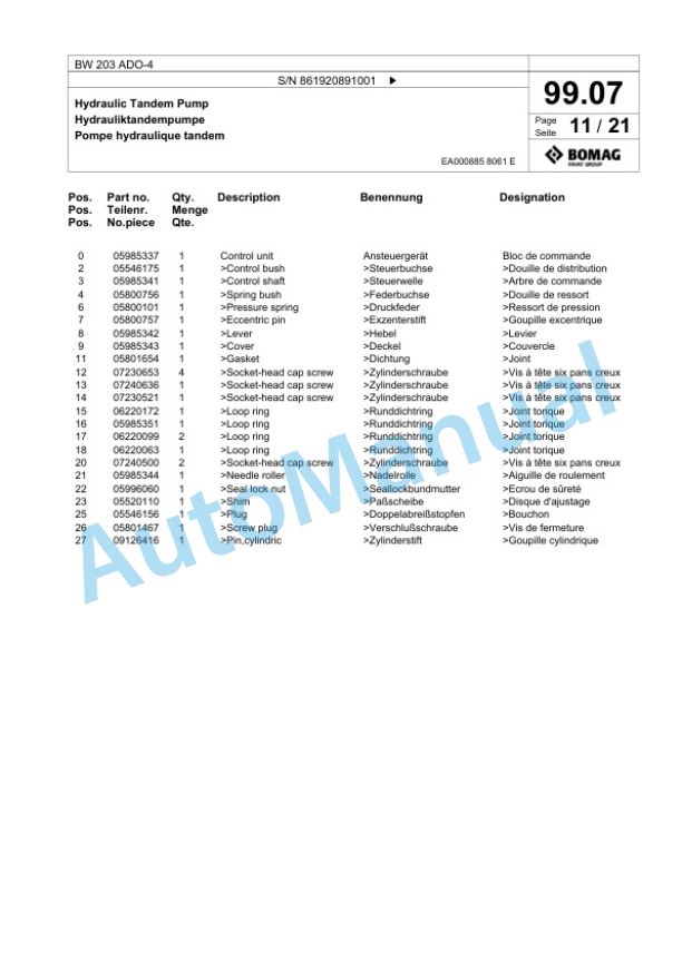 Bomag BW 203 ADO-4 Tandem Vibratory Roller Spare Parts Catalogue 00825049-3