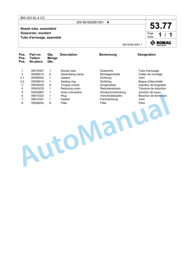 Bomag BW 203 SL-4 CC Tandem Vibratory Roller Spare Parts Catalogue 00826803-2