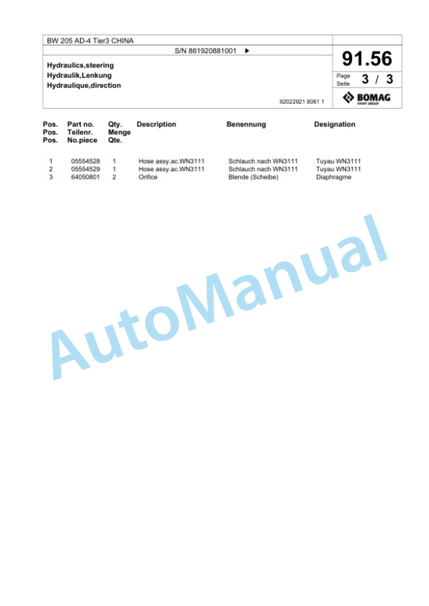 Bomag BW 205 AD-4 Tier3 CHINA Tandem Vibratory Roller Spare Parts Catalogue 00824889-3