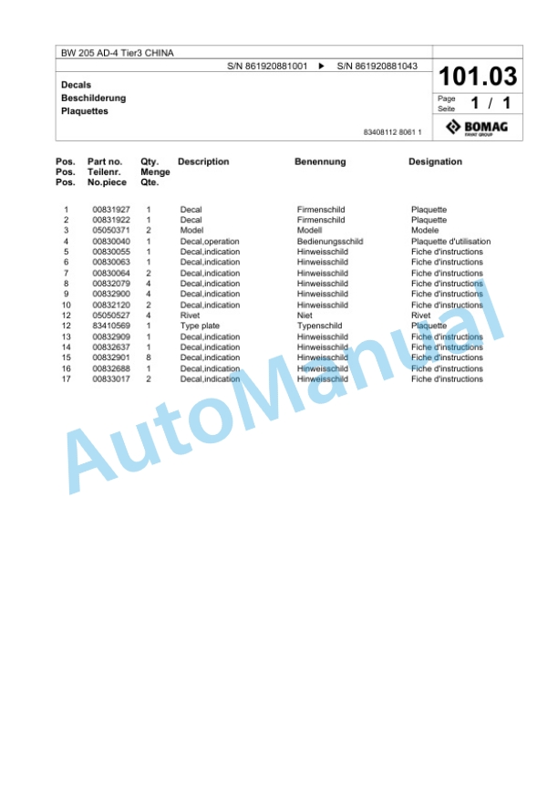 Bomag BW 205 AD-4 Tier3 CHINA Tandem Vibratory Roller Spare Parts Catalogue 00824889-5