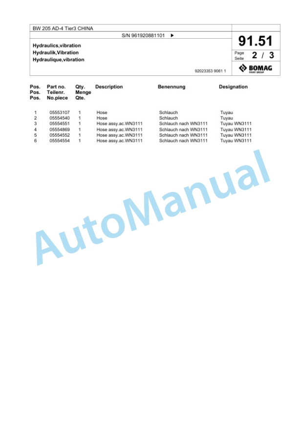 Bomag BW 205 AD-4 Tier3 CHINA Tandem Vibratory Roller Spare Parts Catalogue 00826245-3