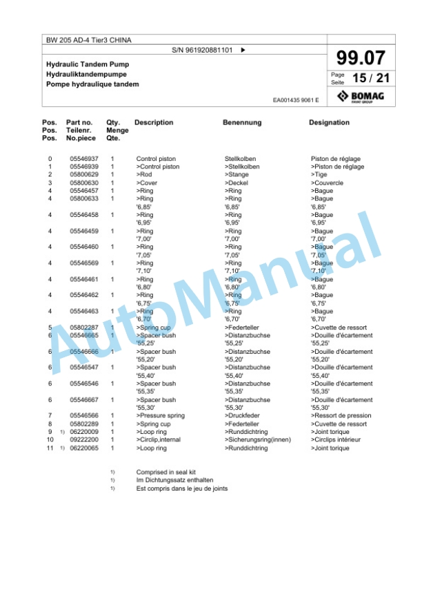 Bomag BW 205 AD-4 Tier3 CHINA Tandem Vibratory Roller Spare Parts Catalogue 00826245-4