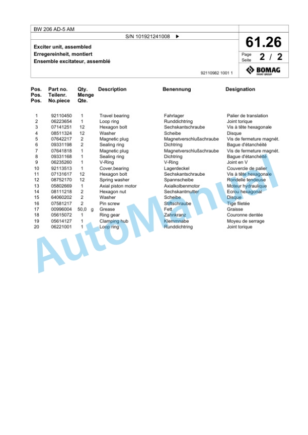 Bomag BW 206 AD-5 AM Tandem Vibratory Roller Spare Parts Catalogue 00824287-2