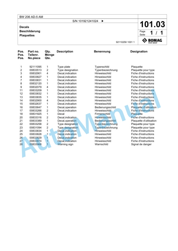 Bomag BW 206 AD-5 AM Tandem Vibratory Roller Spare Parts Catalogue 00824287-4