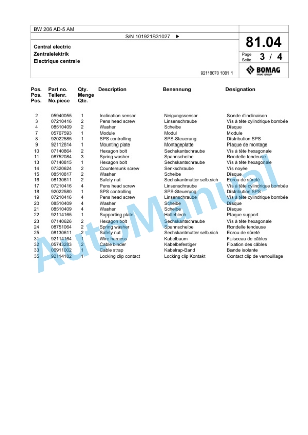 Bomag BW 206 AD-5 AM Tandem Vibratory Roller Spare Parts Catalogue 00825971-2