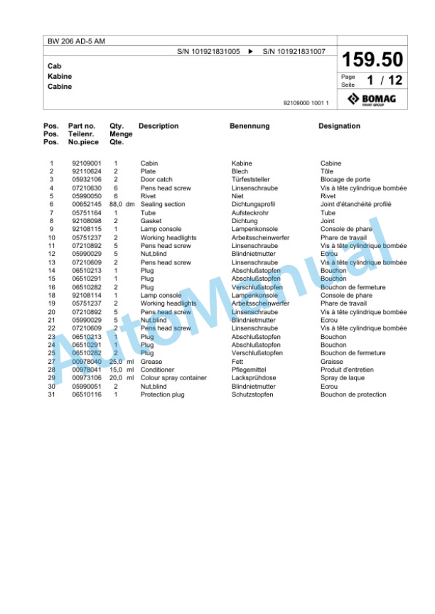 Bomag BW 206 AD-5 AM Tandem Vibratory Roller Spare Parts Catalogue 00825971-5