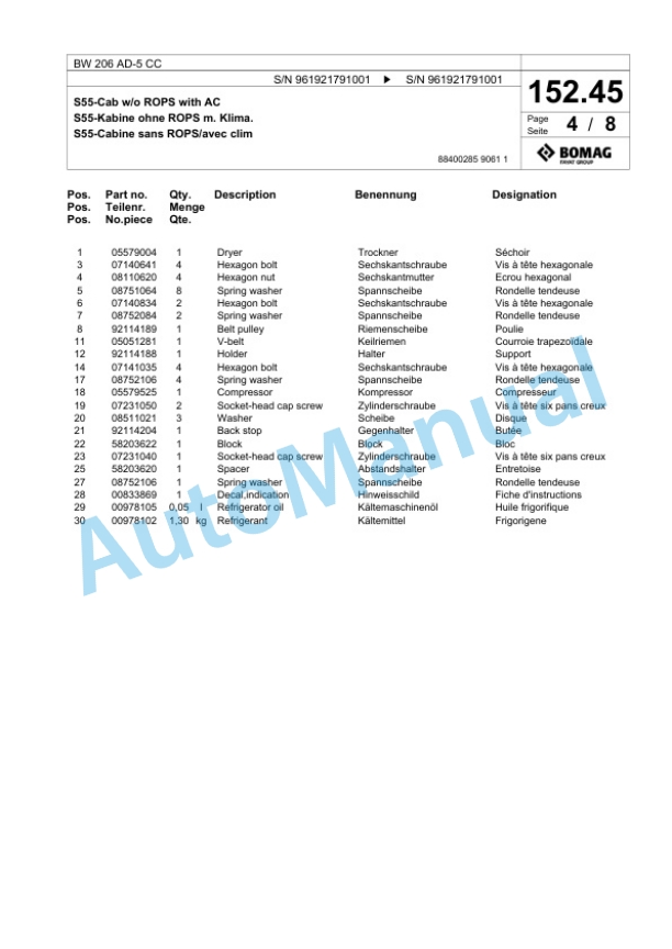 Bomag BW 206 AD-5 CC Tandem Vibratory Roller Spare Parts Catalogue 00827117-5