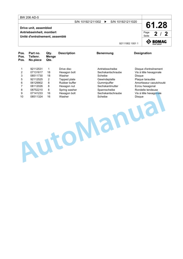 Bomag BW 206 AD-5 Tandem Vibratory Roller Spare Parts Catalogue 00824283-2