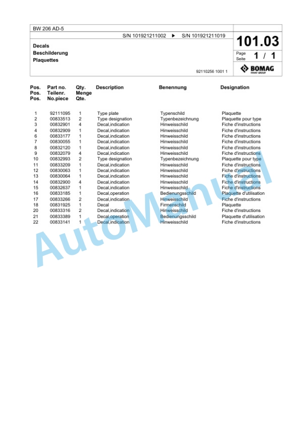 Bomag BW 206 AD-5 Tandem Vibratory Roller Spare Parts Catalogue 00824283-3