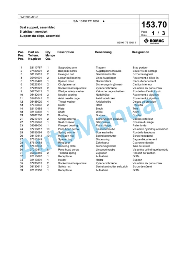 Bomag BW 206 AD-5 Tandem Vibratory Roller Spare Parts Catalogue 00824283-5