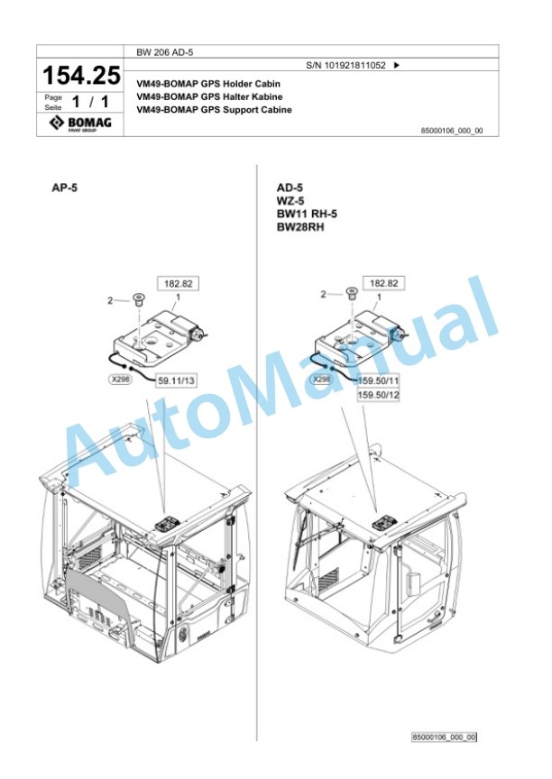 Bomag BW 206 AD-5 Tandem Vibratory Roller Spare Parts Catalogue 00825967-4