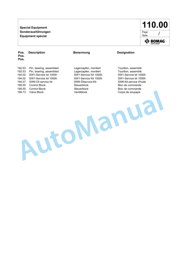 Bomag BW 206 ADO-5 Tandem Vibratory Roller Spare Parts Catalogue 00824601-3