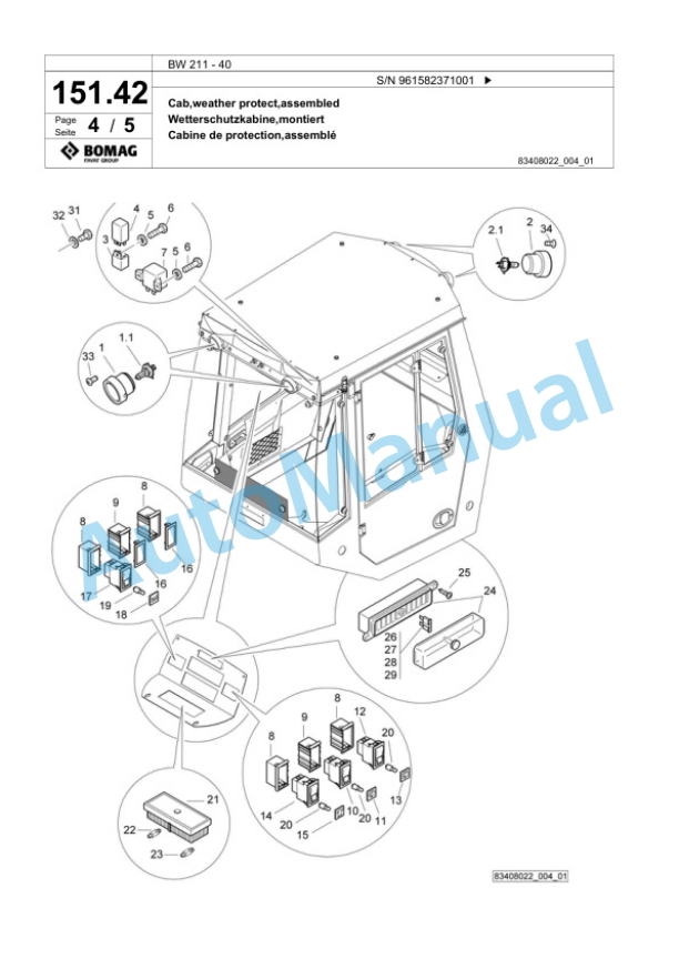 Bomag BW 211 - 40 Single Drum Wheel Drive Vibratory Roller Spare Parts Catalogue 00826697-3