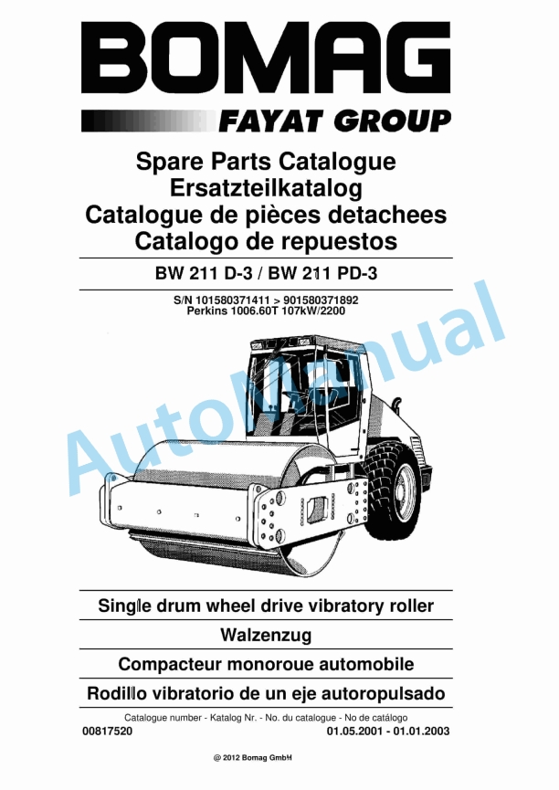 Bomag BW 211 D-3, BW 211 PD-3 Single Drum Wheel Drive Vibratory Roller Spare Parts Catalogue 00817520