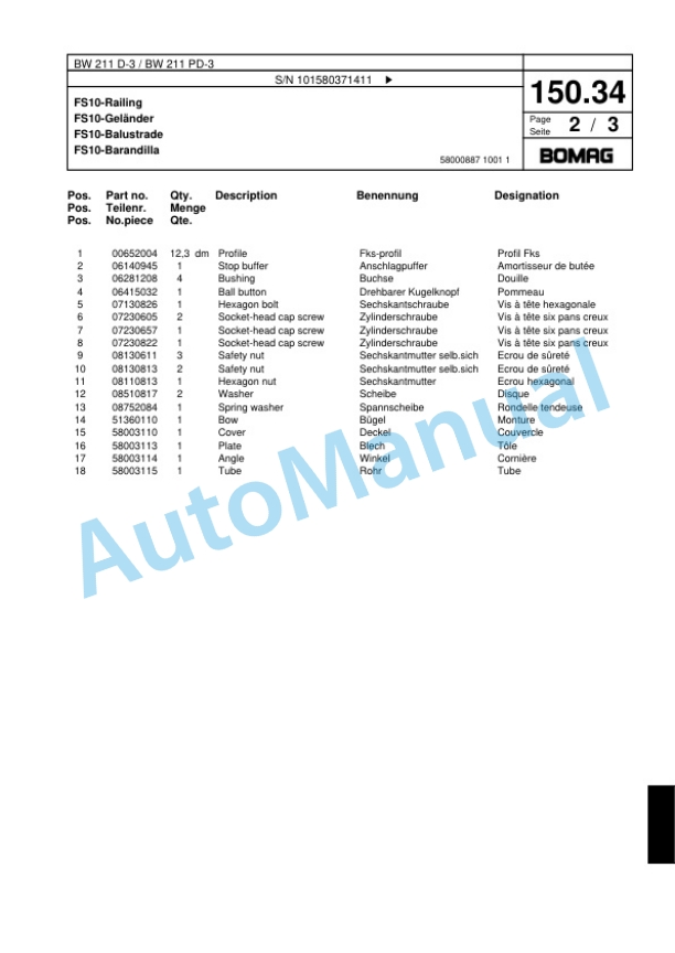 Bomag BW 211 D-3, BW 211 PD-3 Single Drum Wheel Drive Vibratory Roller Spare Parts Catalogue 00817520-3