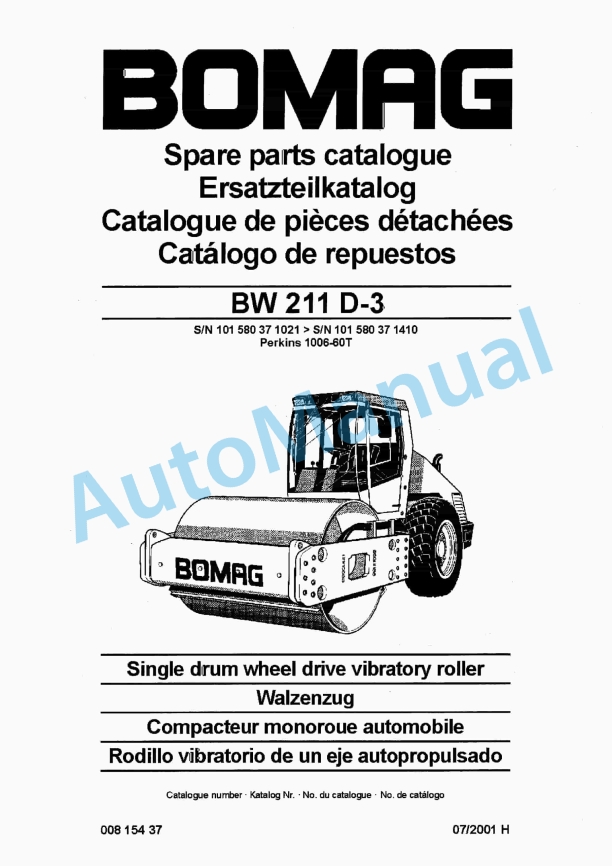 Bomag BW 211 D-3 Single Drum Wheel Drive Vibratory Roller Spare Parts Catalogue 00815437