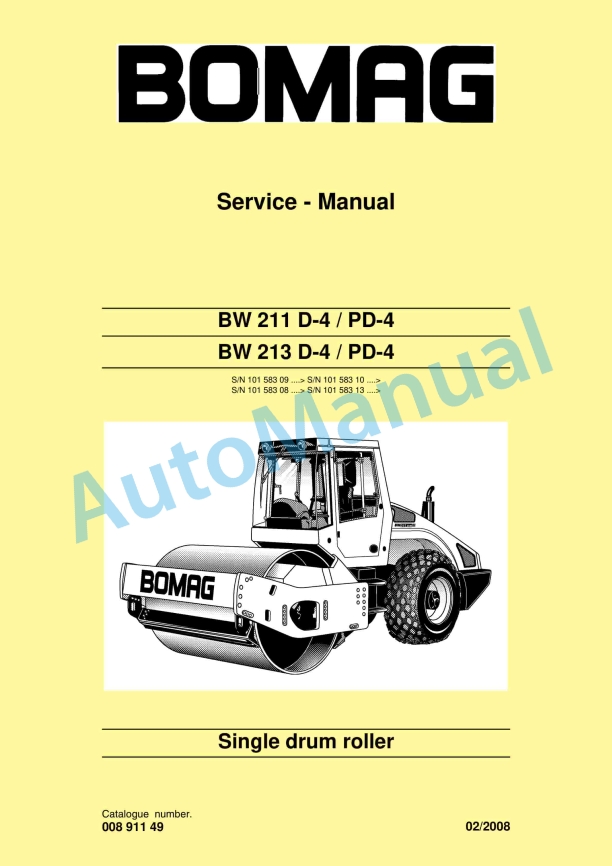 Bomag BW 211 D-4, BW 211 PD-4, BW 213 D-4, BW 213 PD-4 Single Drum Roller Service Manual 00891149