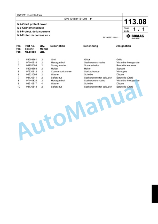 Bomag BW 211 D-4 EU-Flex Single Drum Wheel Drive Vibratory Roller Spare Parts Catalogue 00824429-3
