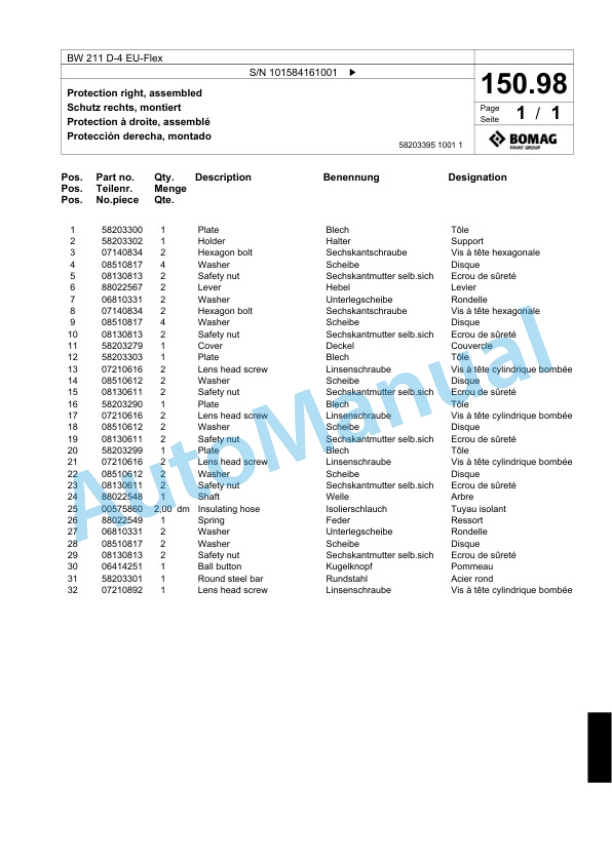 Bomag BW 211 D-4 EU-Flex Single Drum Wheel Drive Vibratory Roller Spare Parts Catalogue 00824429-4