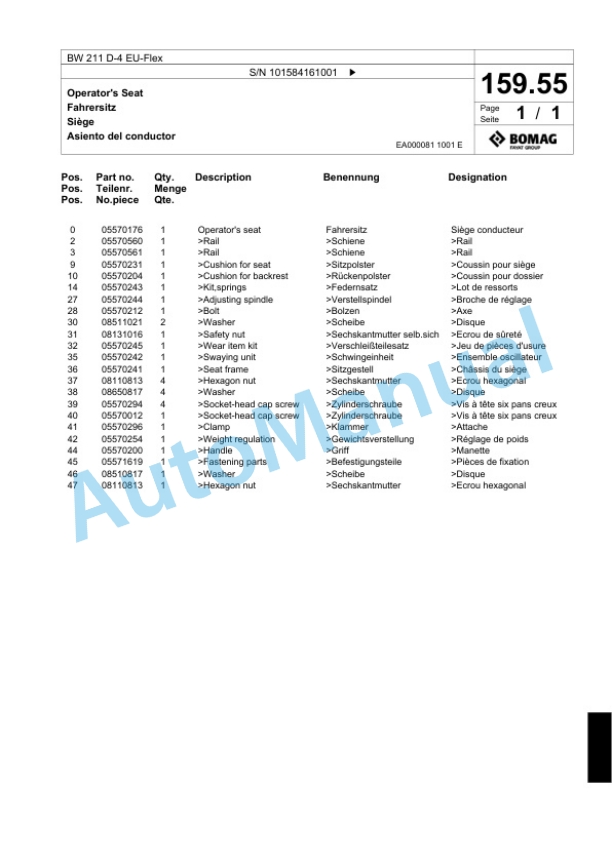 Bomag BW 211 D-4 EU-Flex Single Drum Wheel Drive Vibratory Roller Spare Parts Catalogue 00824429-5